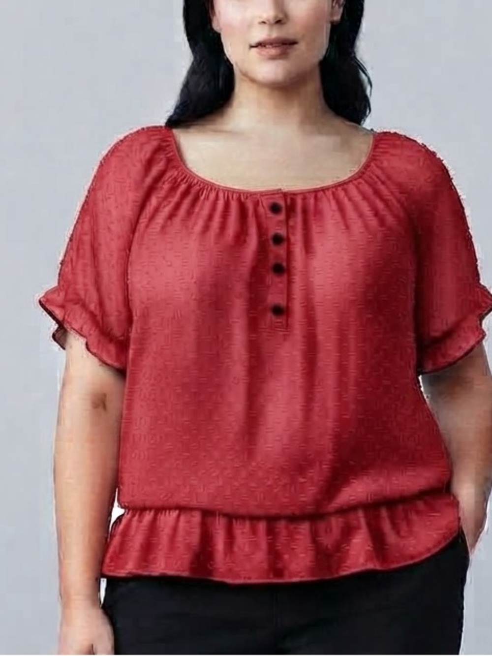 ๐CLEARANCE REITMANS Light Burgundy Sheer Swiss Dot Blouse Elastic Ruffle Waist